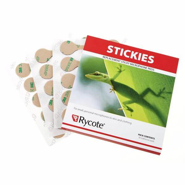 RYCOTE STICKIES - 25 packs of 30 double-sided adhesive pads designed for microphones, displayed in a product image.