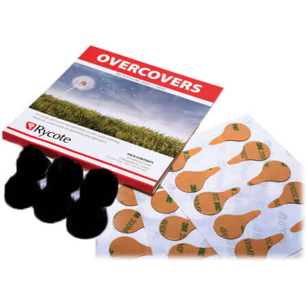 Image of Rycote Overcovers in black, featuring 6 black fur discs and 30 stickies designed for lavalier microphones.