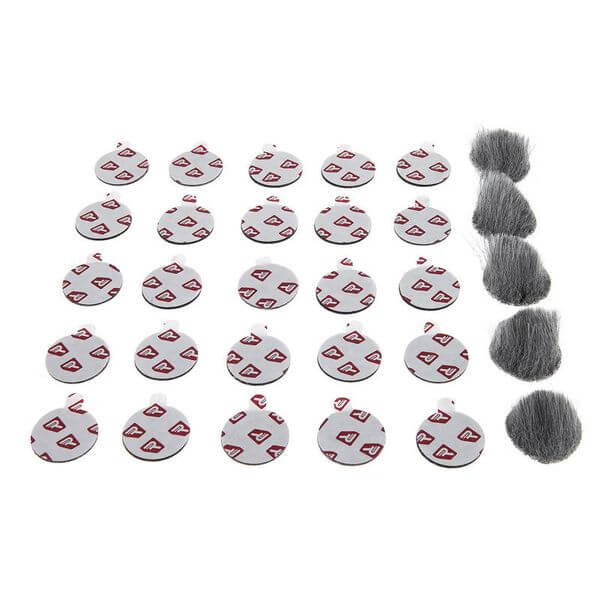 RYCOTE Overcovers Advanced Grey pack including 25 stickers and 5 windscreens designed for lavalier microphones.