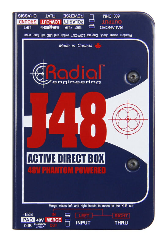 Top view of the Radial J48 Active Direct Box for professional audio applications.