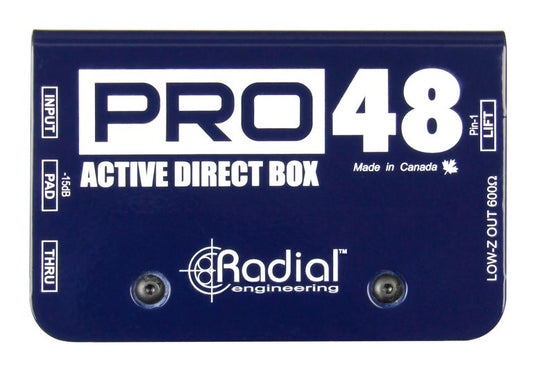 Top view of the Radial Pro48 Active Direct Box for professional audio applications.