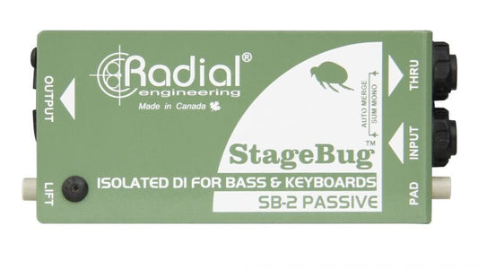 Top view of the Radial StageBug SB-2 1-Channel Passive Direct Box for bass, keyboards, and acoustic guitars.