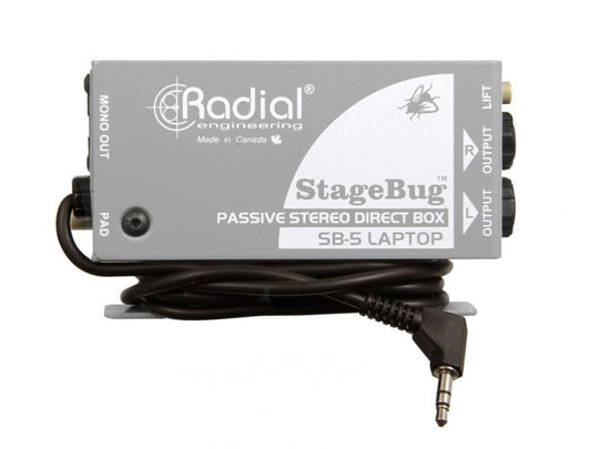 Top view of the Radial StageBug SB-5 Laptop DI Box for connecting laptops, smartphones, and tablets to PA systems.