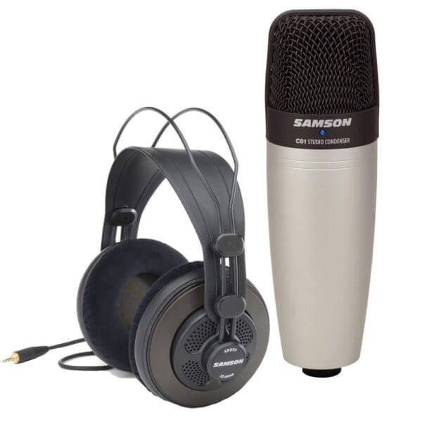 Samson C01 condenser microphone and SR850 headphone bundle displayed together.