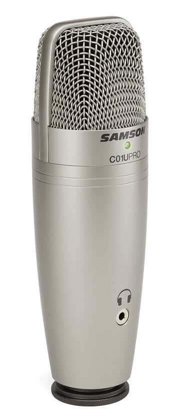 Samson C01U Pro USB Studio Condenser Microphone with supercardioid pattern and headphone output, shown from an angled perspective.