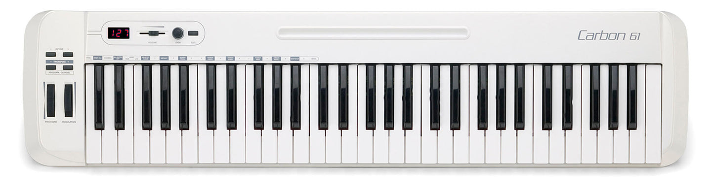 Samson Carbon 61 - 61-Key USB MIDI Keyboard Controller with assignable controls and iPad slot, featuring a sleek design.