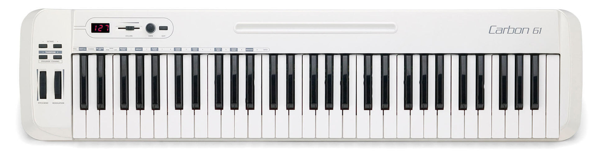 Samson Carbon 61 - 61-Key USB MIDI Keyboard Controller with assignable controls and iPad slot, featuring a sleek design.