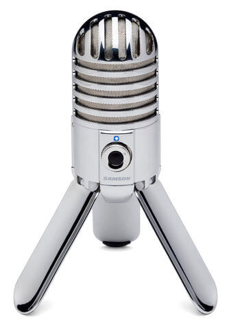 Samson Meteor Mic is a USB studio condenser microphone featuring a 1-inch diaphragm, cardioid pattern, 16-bit/48kHz audio quality, headphone output, and included accessories.