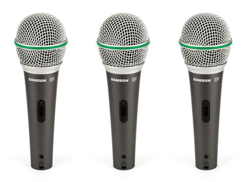 Samson R21S 3-Pack of dynamic cardioid vocal microphones with on/off switches, carry cases, and clips.