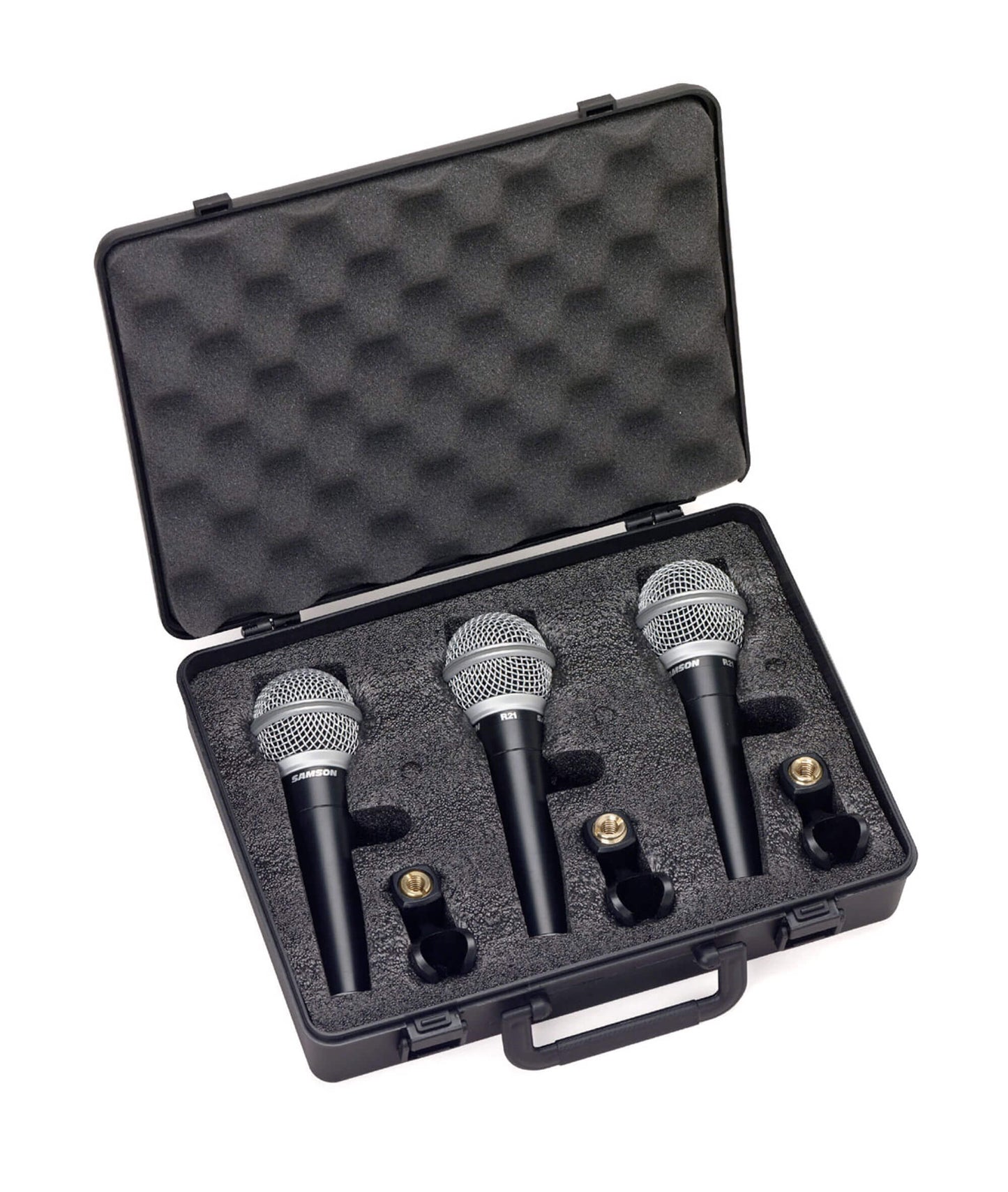 Samson R21S dynamic cardioid vocal microphones in a 3-pack with on/off switches, carry cases, and clips.