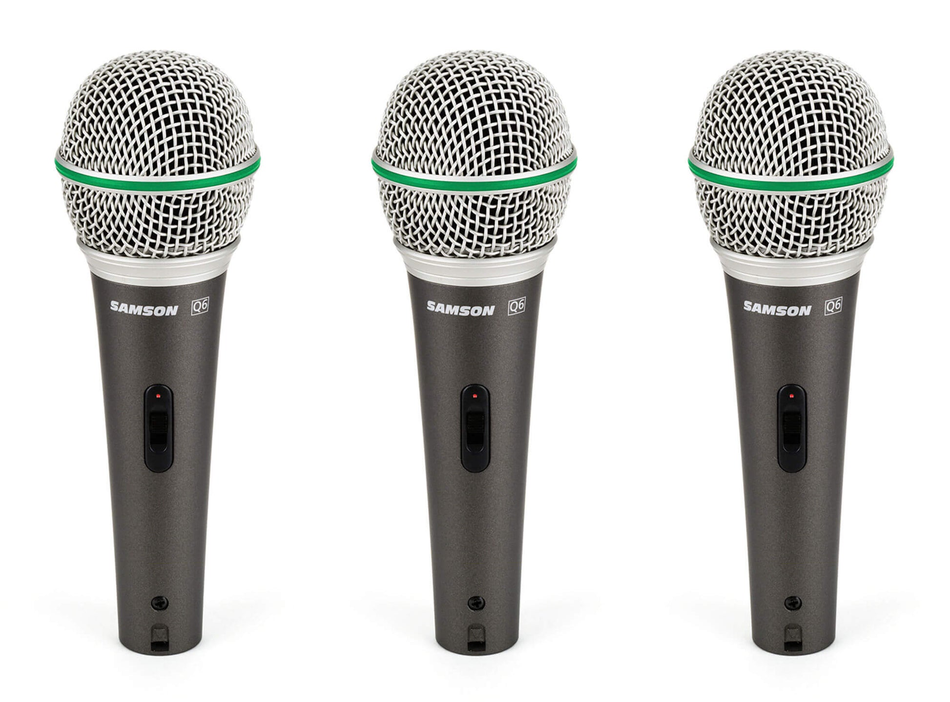 Samson SAQ6 3-Pack of Q6CL Neodymium Dynamic Microphones featuring a supercardioid pattern, designed for high SPL handling, with included clips.