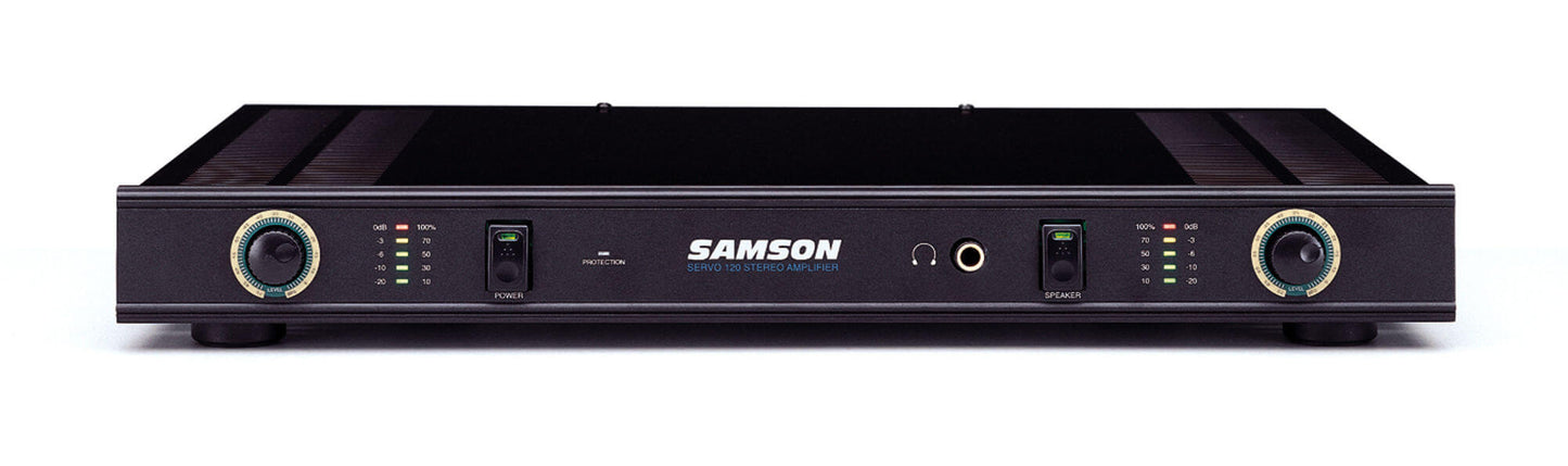Samson Servo 120a Reference Class 1U Amplifier showcasing its sleek design and specifications, providing 2x60W at 4Ω and 120W at 8Ω bridged.