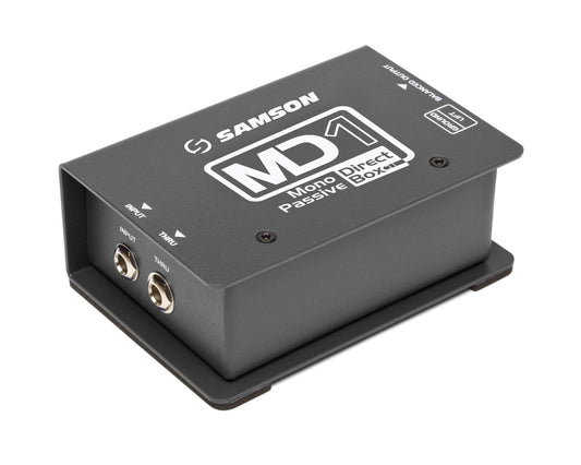 Samson S-Max MD1 Mono Passive Direct Box featuring STL Transformer, Ground Lift, and 1/4" I/O connections.