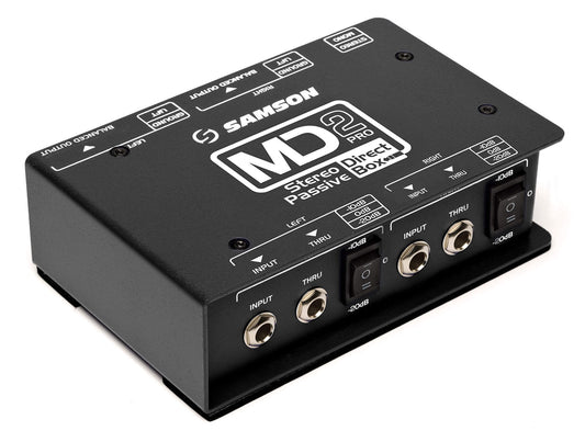 Samson S-Max MD2Pro stereo passive direct box featuring dual STLX mu-metal shielded transformers, with stereo/mono switch, attenuation switches, ground lifts, and 1/4" I/O.