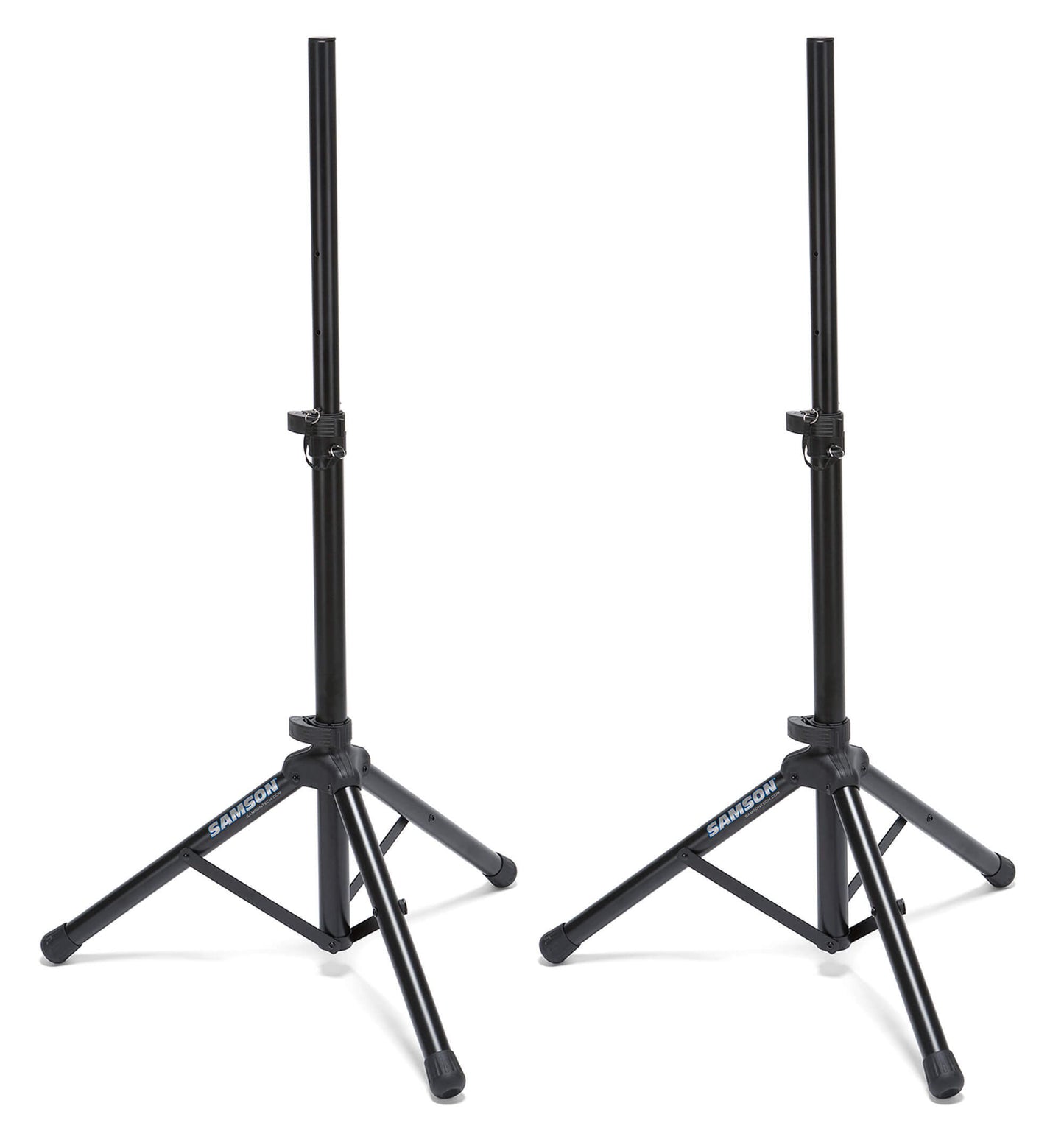 A pair of Samson SP50P heavy-duty speaker stands with adjustable height up to 1.52m, capable of supporting up to 50kg, accompanied by a carry bag.