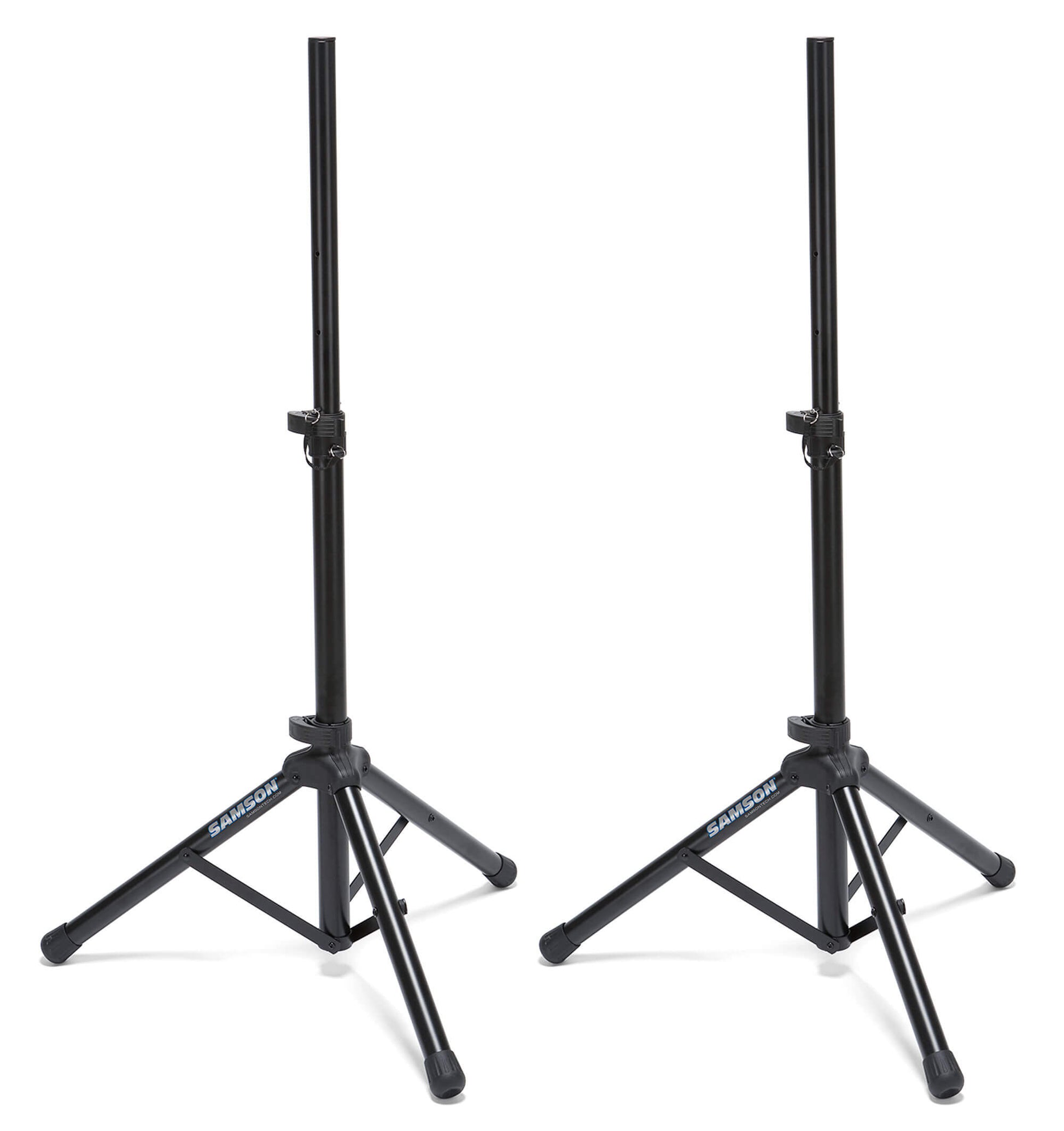 A pair of Samson SP50P heavy-duty speaker stands with adjustable height up to 1.52m, capable of supporting up to 50kg, accompanied by a carry bag.