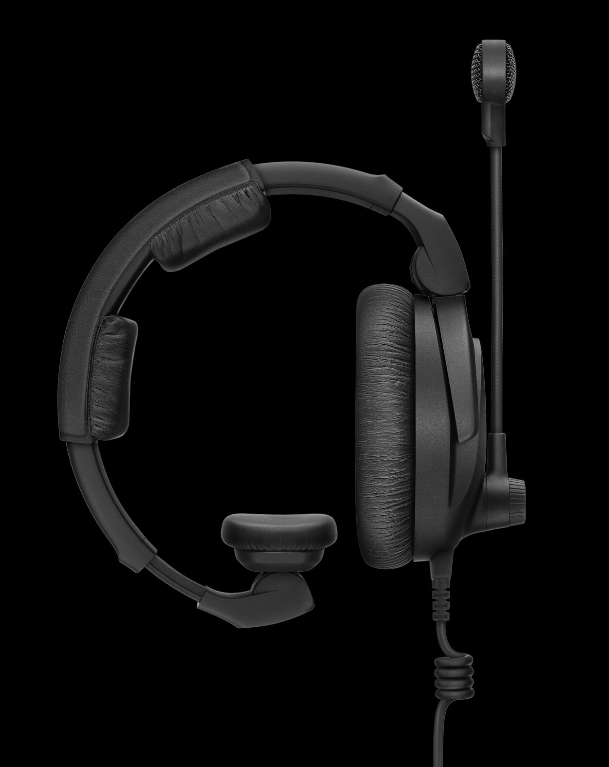 Sennheiser HMD 301 PRO monaural broadcast headset, circumaural design, shown folded without cable.