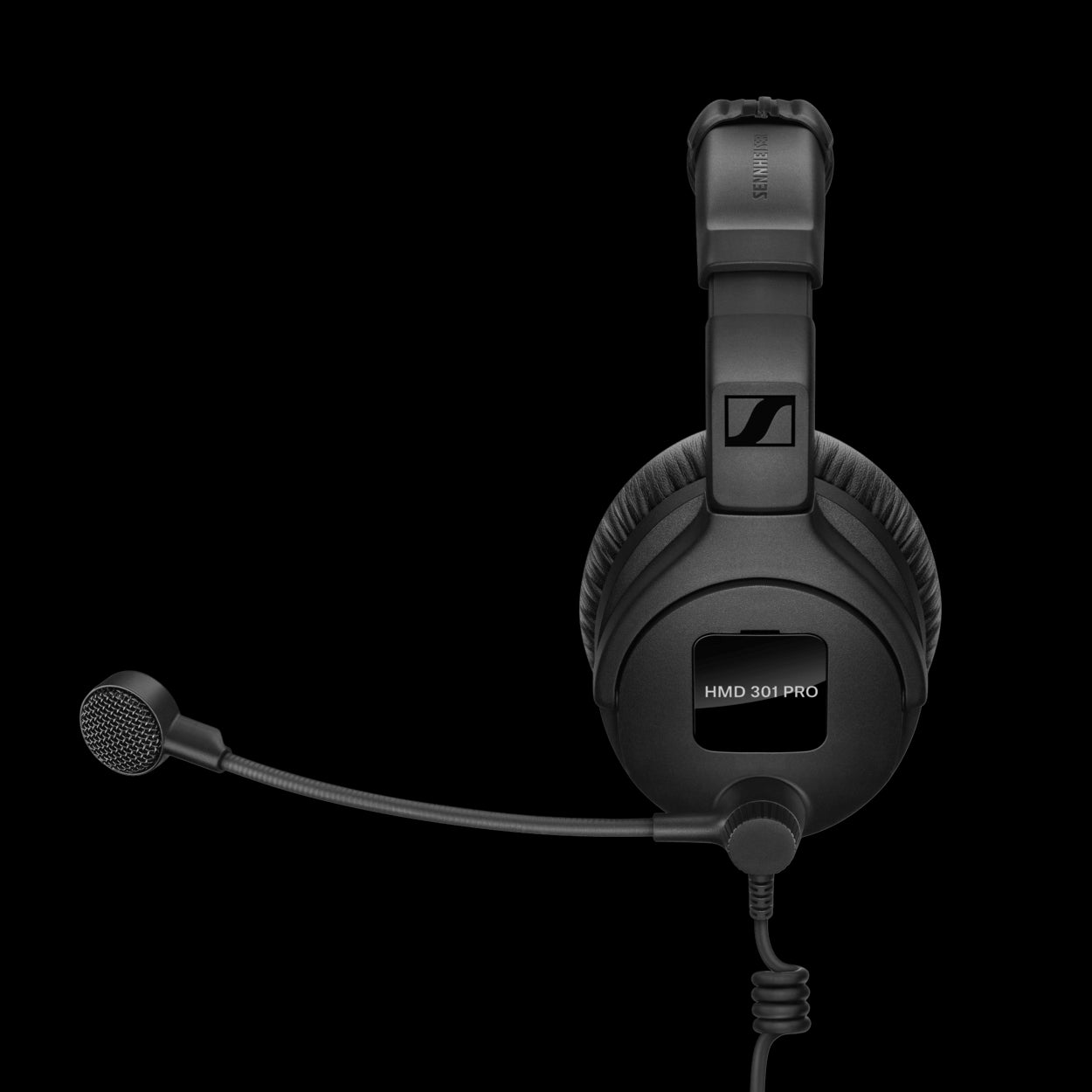 Sennheiser HMD 301 PRO monaural broadcast headset, circumaural, shown from the side without the cable.