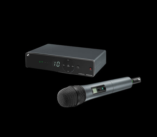 Front view of Sennheiser XSW 1-835-B Wireless Handheld Vocal Set, featuring a 10 Channel UHF, 614-638MHz frequency range.