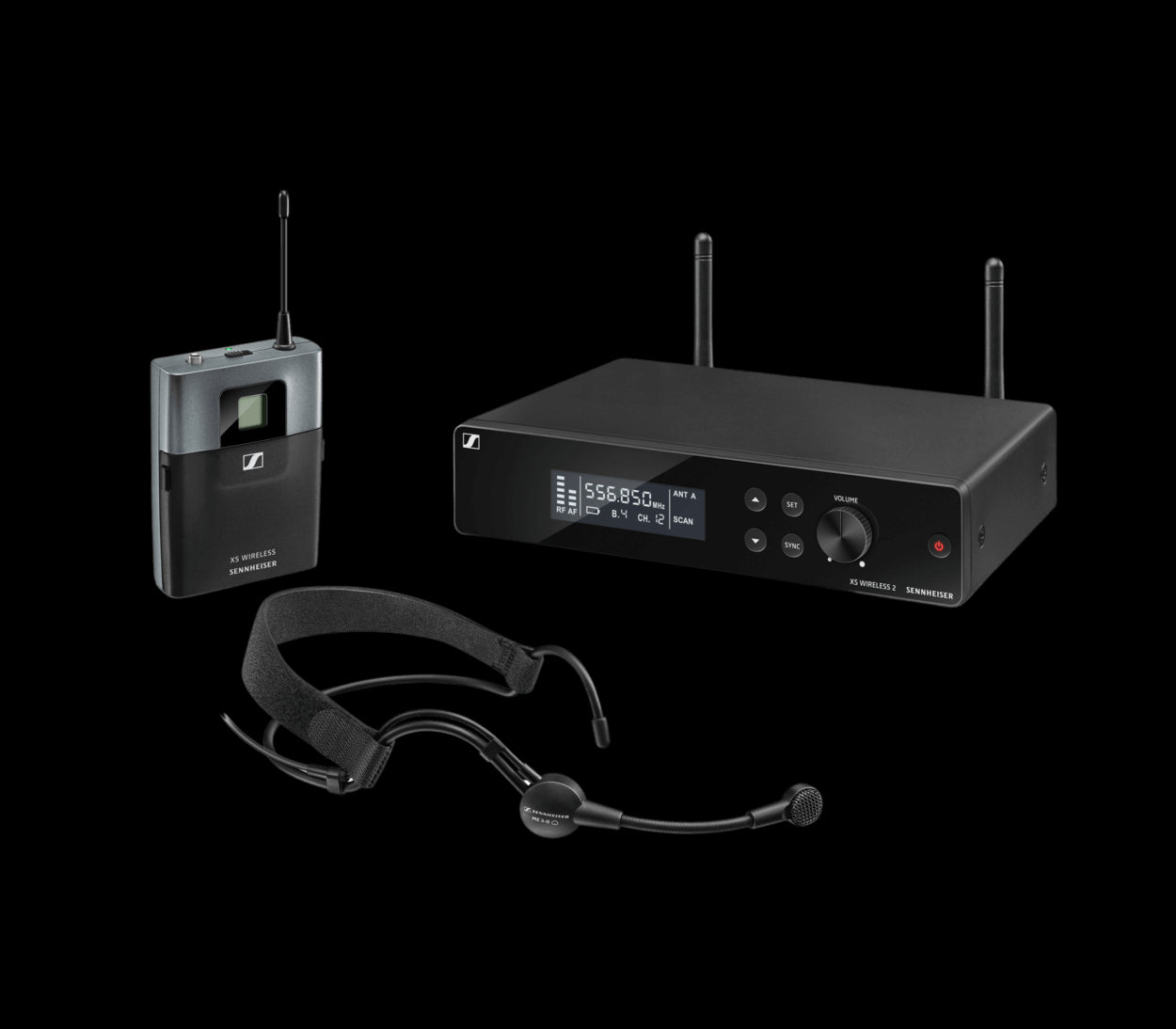 Sennheiser XSW 2-ME3-B Wireless Headmic Set, 614-638MHz, showing the headmic and receiver unit from the front view.