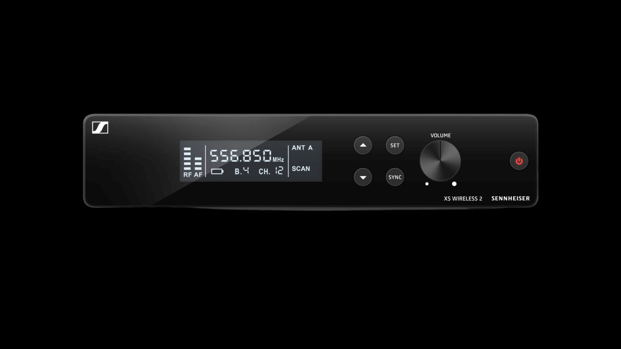Front view of the Sennheiser XSW 2-ME3-B Wireless Headmic Set, featuring a sleek black receiver unit.
