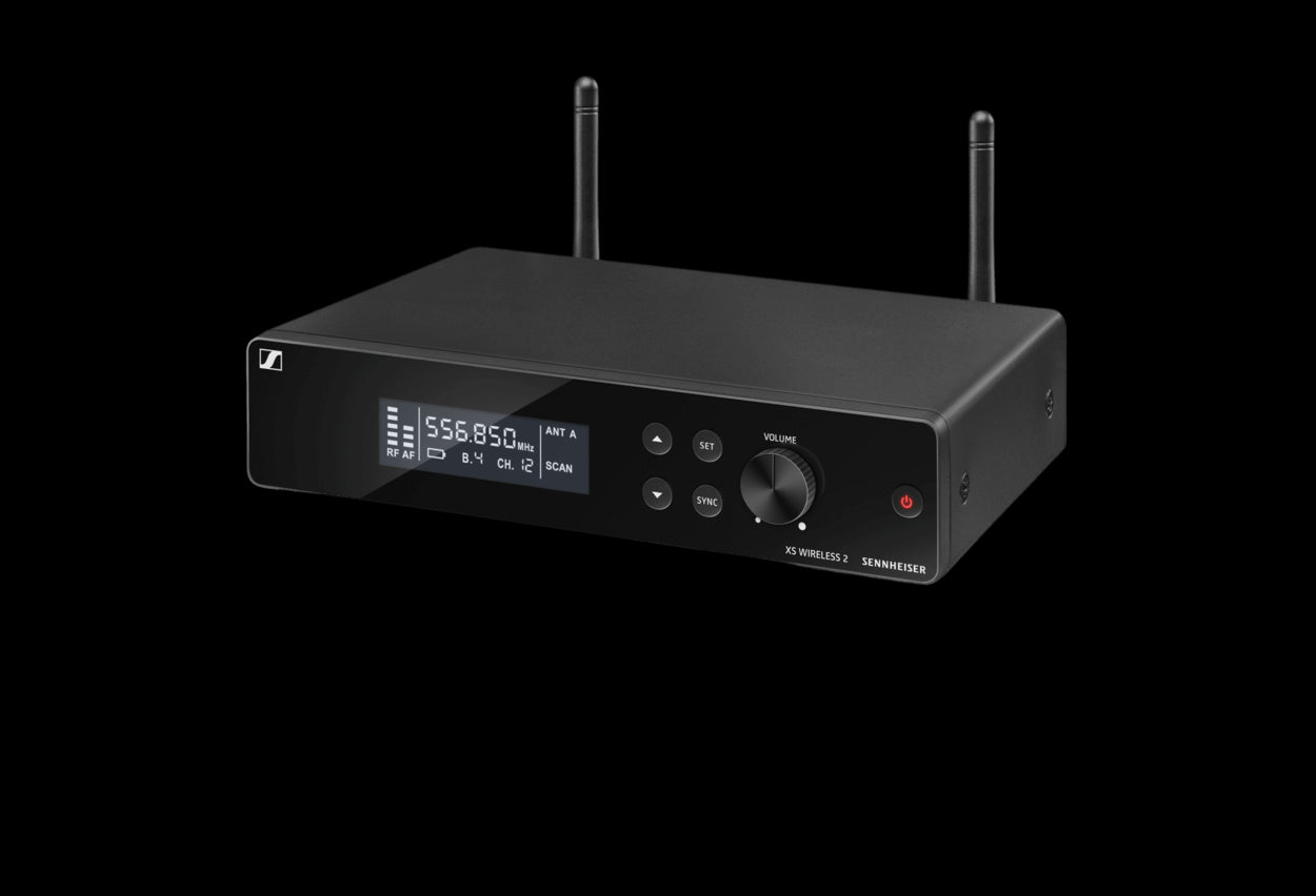 Front view of the Sennheiser XSW 2-ME3-B Wireless Headmic Set, operating in the 614-638MHz frequency range.