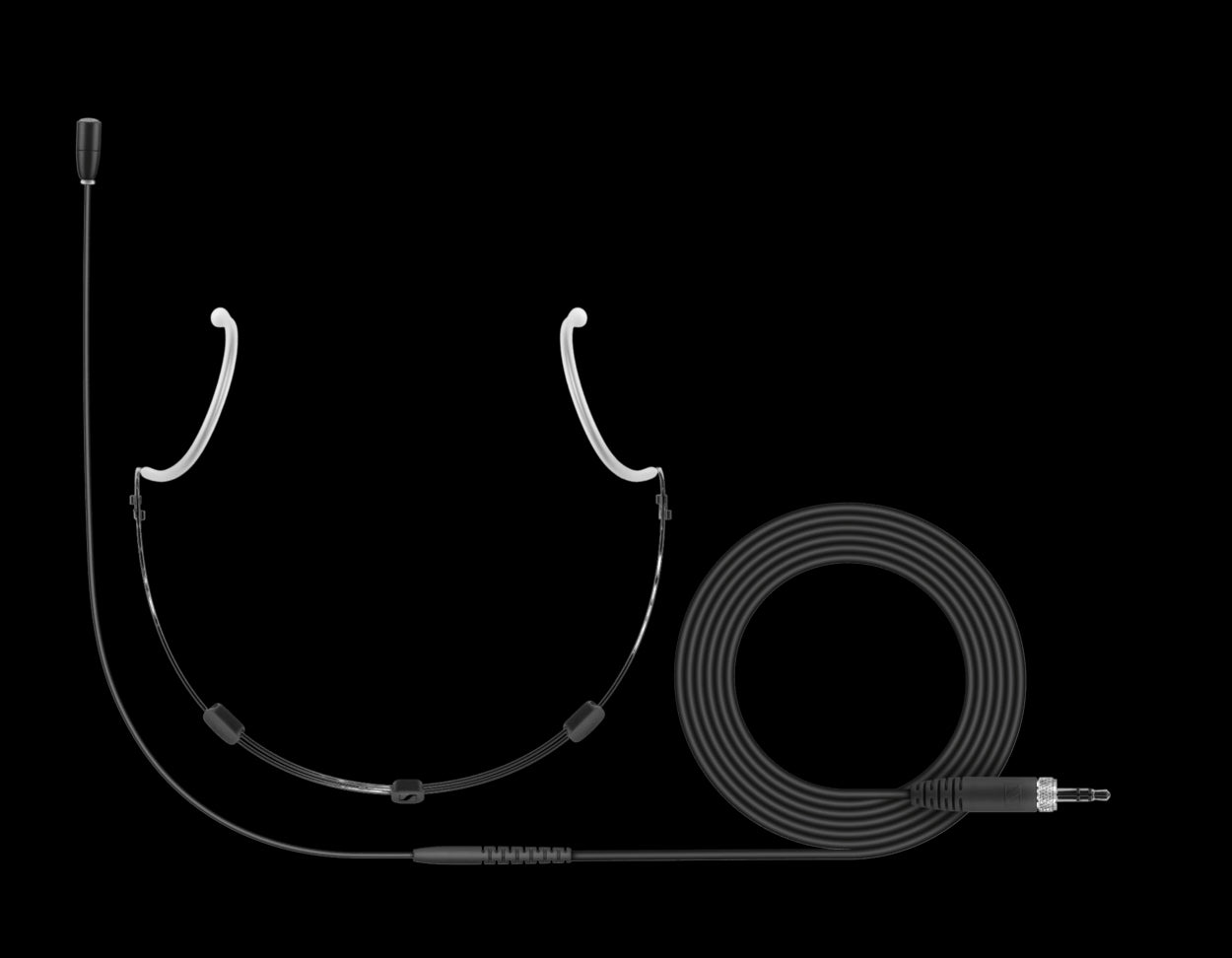Sennheiser HSP Essential Omni-Black Neckmount Microphone with a 3.5mm Jack, product shot showing the microphone and neckmount in black.
