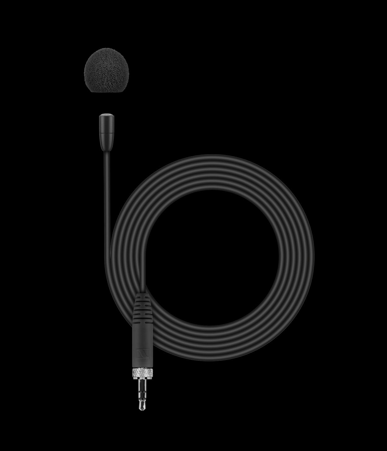 Top view of the Sennheiser MKE Essential Omni-Black Lavalier Microphone with a 1.6m cable and 3.5mm jack plug