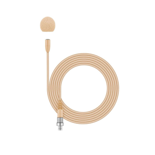 Sennheiser MKE Essential Omni-Beige 3-Pin Lavalier Microphone with a 1.6m cable, displayed against a white background