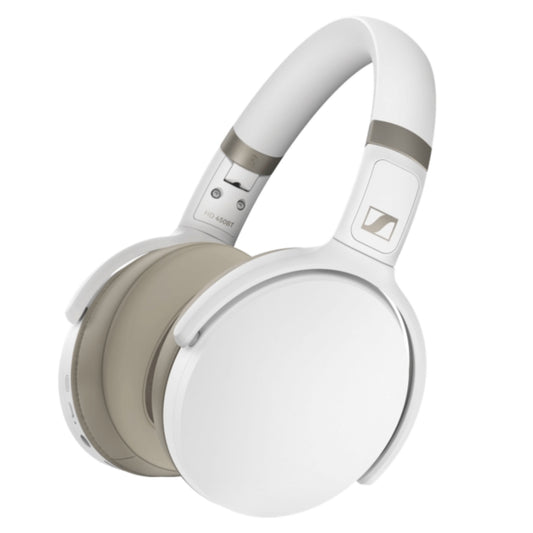 Front view of Sennheiser HD 450BT Wireless Bluetooth Headphones in white, featuring active noise cancellation, 30-hour battery life, and USB-C fast charging.