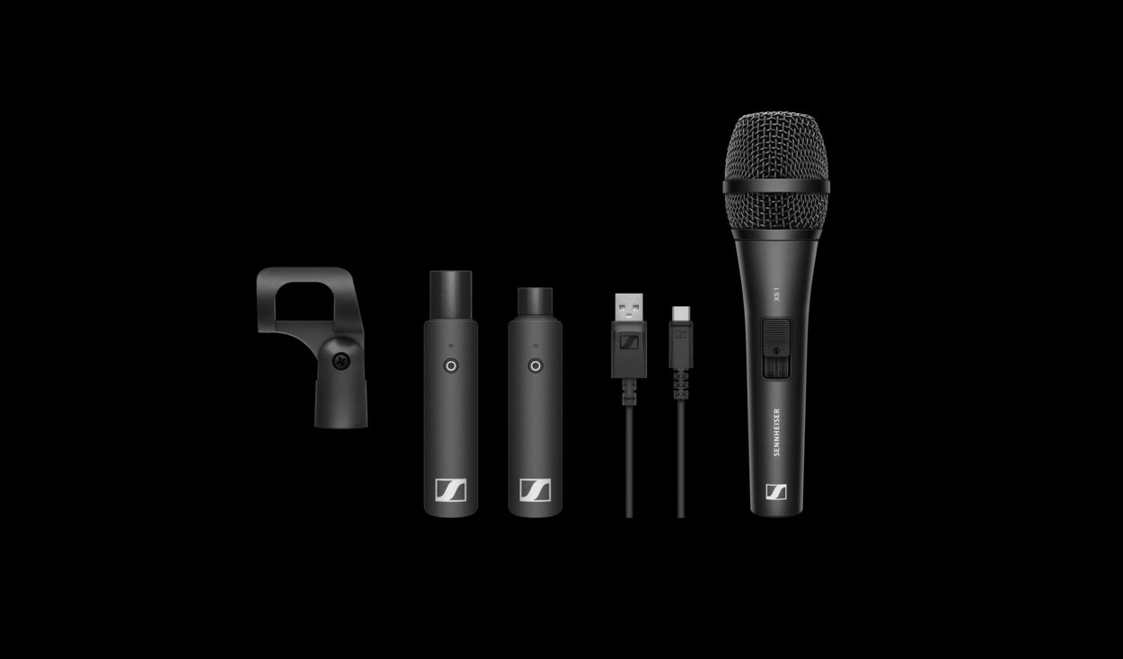Image of the Sennheiser XSW-D Vocal Set including the XS 1 Microphone, XSW-D XLR Female Transmitter, XSW-D XLR Male Receiver, and a USB Cable.
