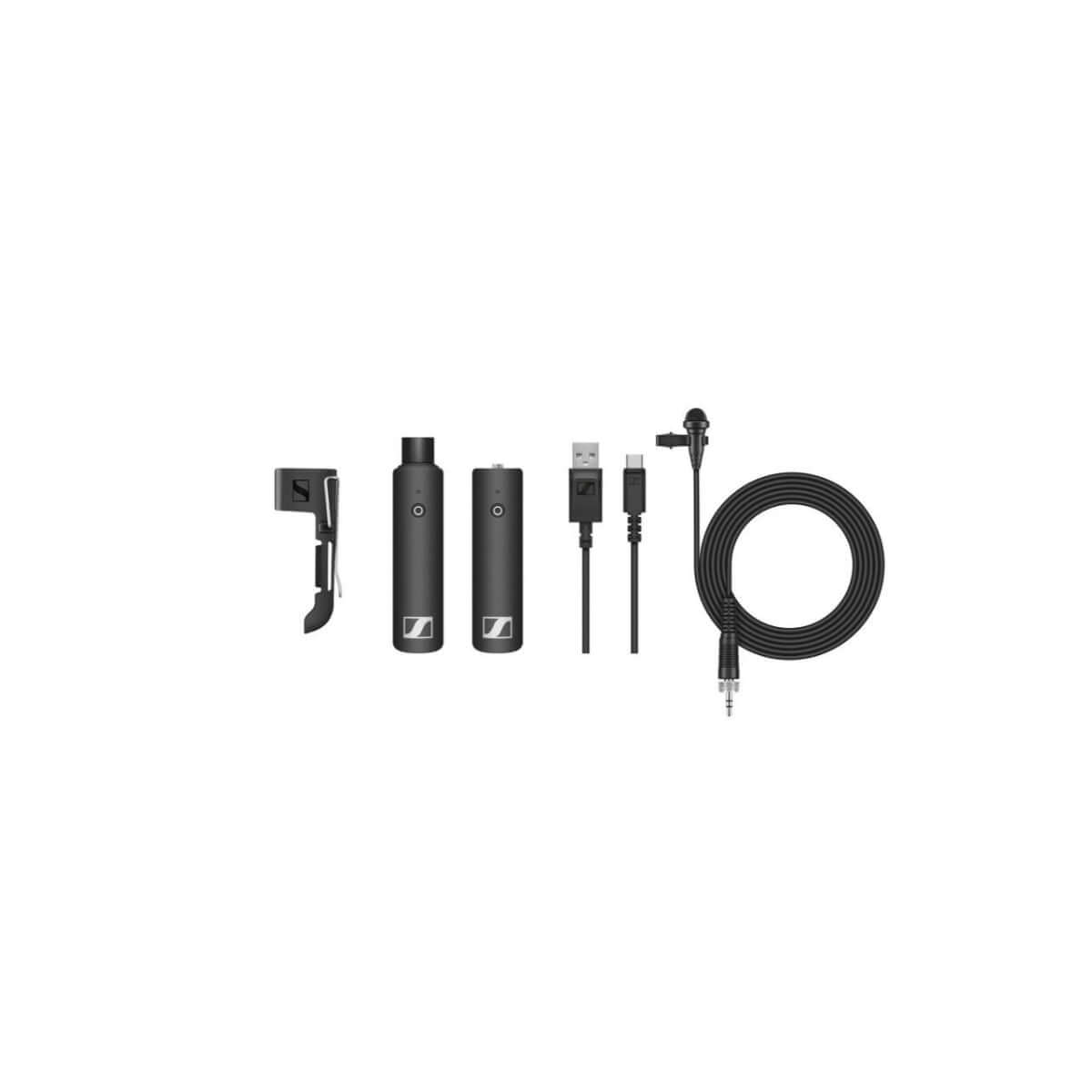 Sennheiser XSW-D Lavalier Set including Mini Jack TX, XLR Male RX, ME2-II microphone, USB-A to USB-C charger, and belt-clip displayed on a white background.