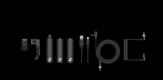 Image of the Sennheiser XSW-D Portable ENG Set, including Mini Jack RX, Mini Jack TX, XLR Female TX, ME 2-II, and a coiled cable.