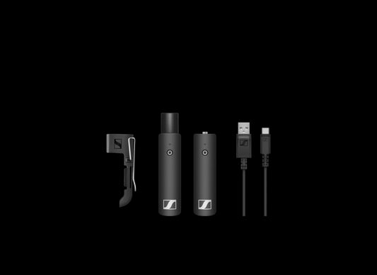 Image of the Sennheiser XSW-D Presentation Base Set, including a Mini Jack TX, XLR Male RX, belt-clip, and USB-A to USB-C cable.