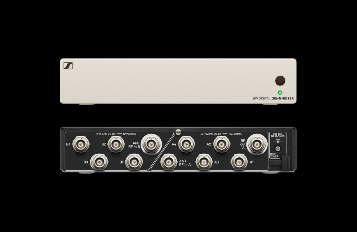 Front and back view of the Sennheiser EW-D ASA (Q-R-S), 470-694MHz Antenna Splitter