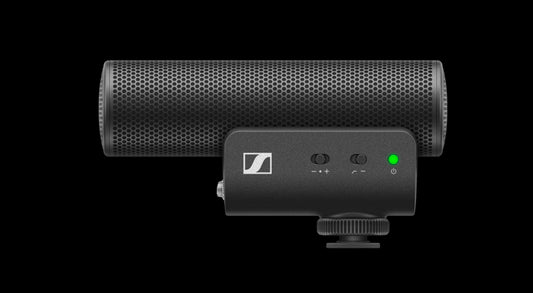 Sennheiser MKE 400 Rifle Microphone for semi-professional cameras, featuring a 3.5mm stereo mini jack, shown from the left side.