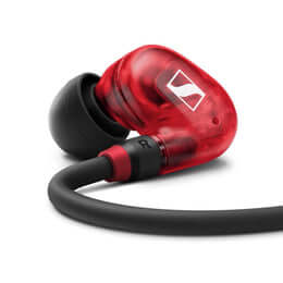 Sennheiser IE 100 PRO Red In-ear Headset with a 1.3m cable, soft pouch, and ear adapters in sizes S, M, and L