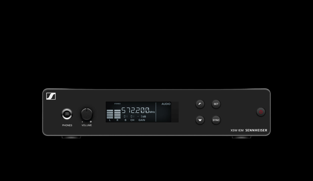 Front view of the Sennheiser XSW IEM SR-C Single Half-rack Transmitter with Antenna and NT 12-5 CW Power Supply, operating in the 662-686MHz frequency range.