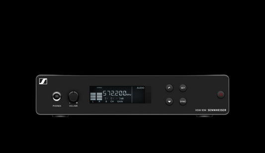 Front view of the Sennheiser XSW IEM SR-C Single Half-rack Transmitter with Antenna and NT 12-5 CW Power Supply, operating in the 662-686MHz frequency range.
