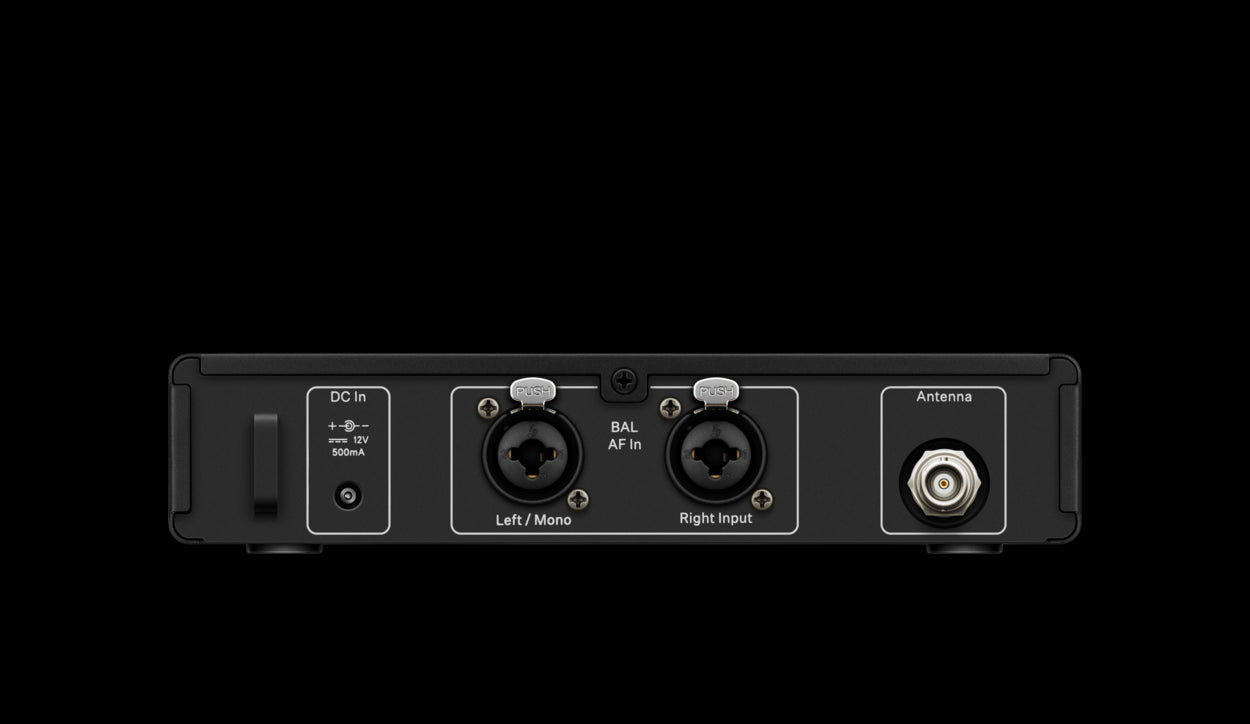 Back view of the Sennheiser XSW IEM SR-C Single Half-rack Transmitter with Antenna and NT 12-5 CW Power Supply, operating in the 662-686MHz frequency range.