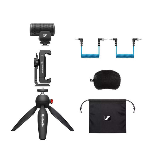 Sennheiser MKE 200 Mobile Kit including MKE 200 microphone, Manfrotto PIXI Mini Tripod, and smartphone clamp.