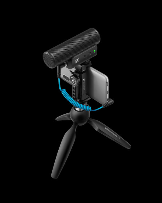 Sennheiser MKE 400 Mobile Kit including MKE 400 microphone, Manfrotto PIXI Mini Tripod, and Smartphone Clamp