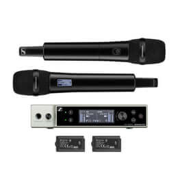 Image of the Sennheiser EW-DX 835-S SET (S1-10) wireless microphone system, including two SKM-S handheld transmitters, two MMD 835 microphone heads, an EM2 receiver, two MZQ microphone clamps, two BA 70 battery packs, and two antennas.