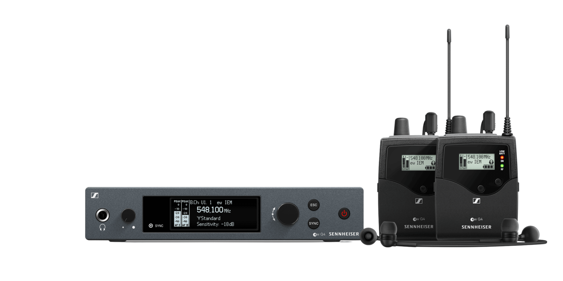 Sennheiser EW IEM G4-TWIN-A In-Ear Monitoring Set featuring two EK IEM G4 receivers and an SR IEM G4 transmitter, designed for high-quality wireless audio monitoring.