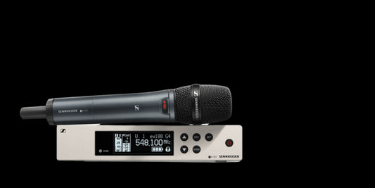 Image of the Sennheiser EW 100 G4-945-S-B Wireless Vocal Set, operating in the 626-668MHz frequency range. The set includes a handheld microphone and receiver.