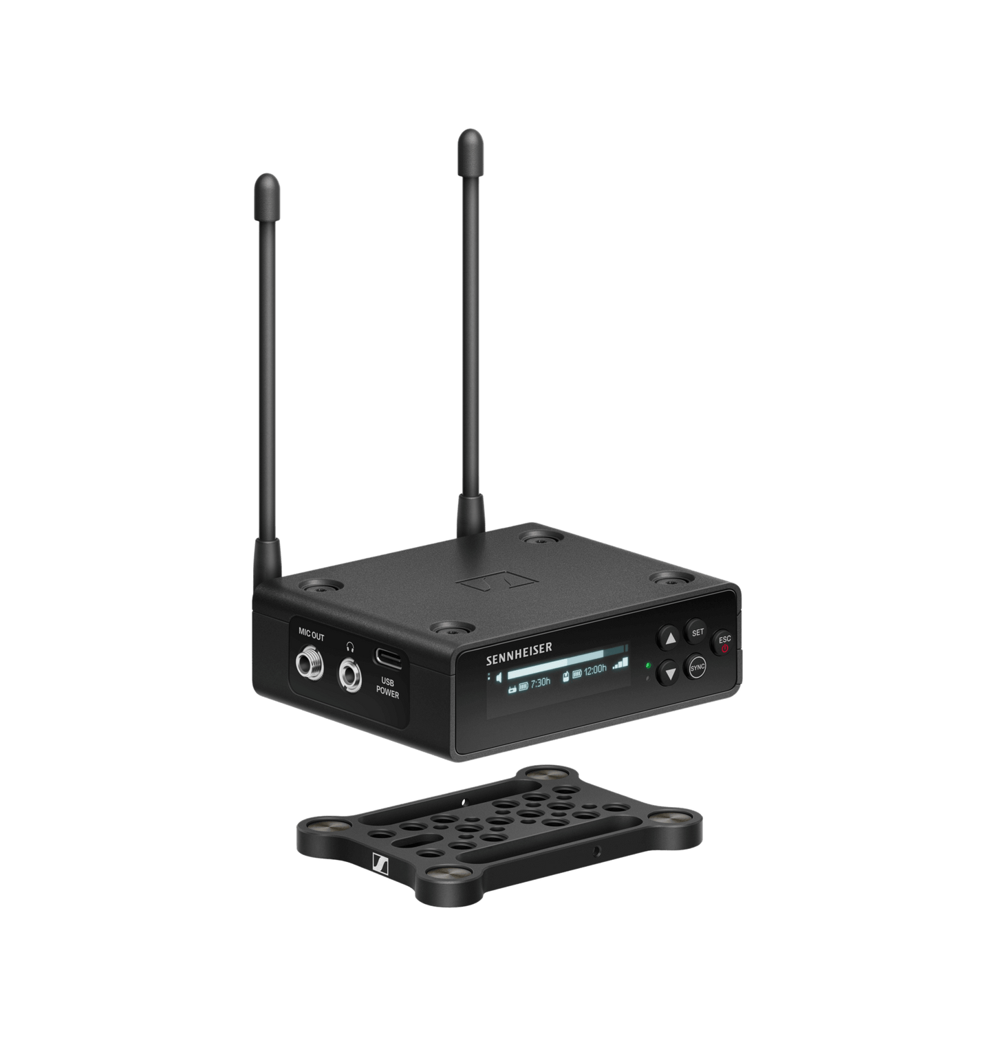 Sennheiser EW-DP EK digital UHF camera-mount receiver displayed from the front.