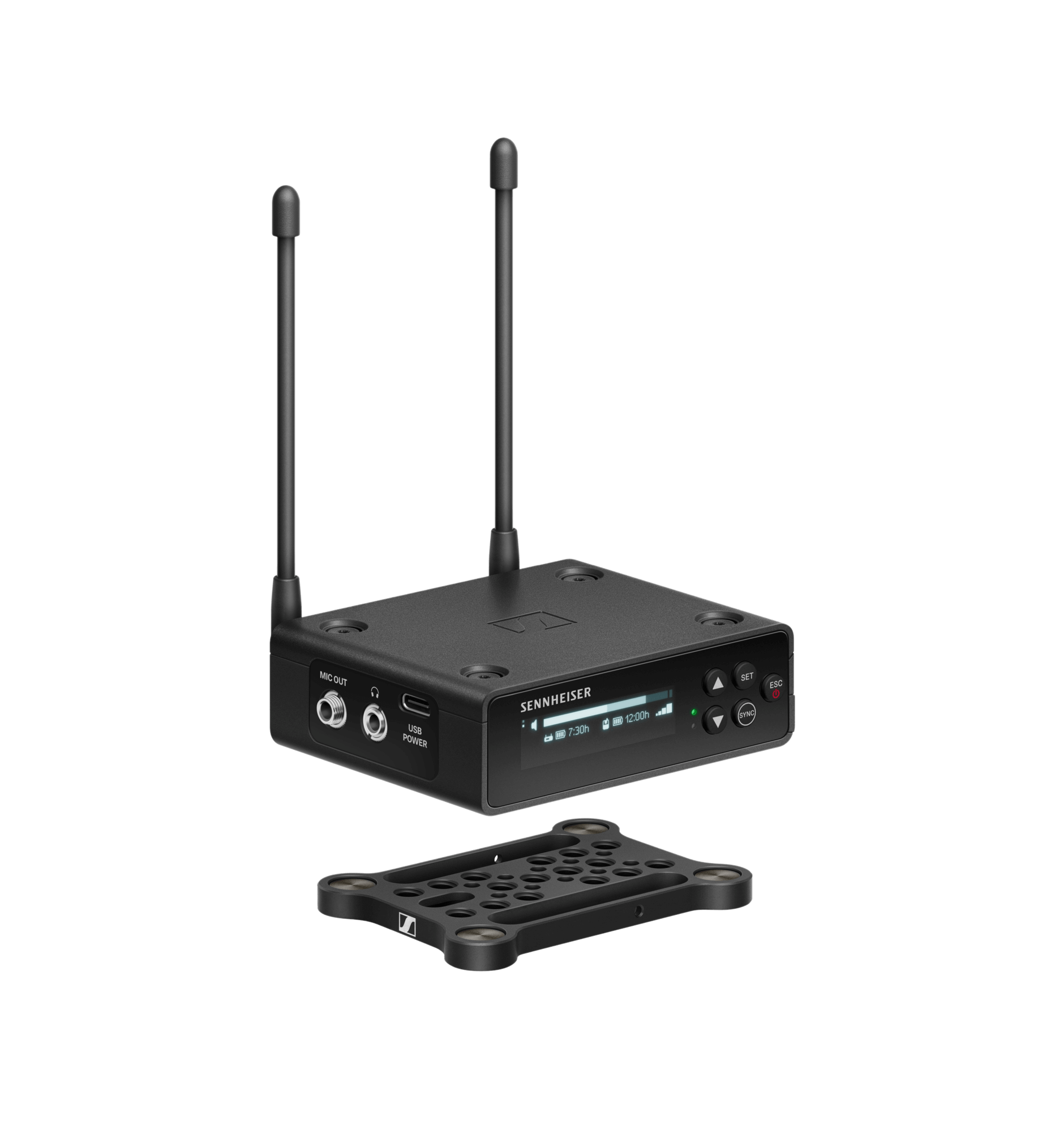 Sennheiser EW-DP EK digital UHF camera-mount receiver displayed from the front.