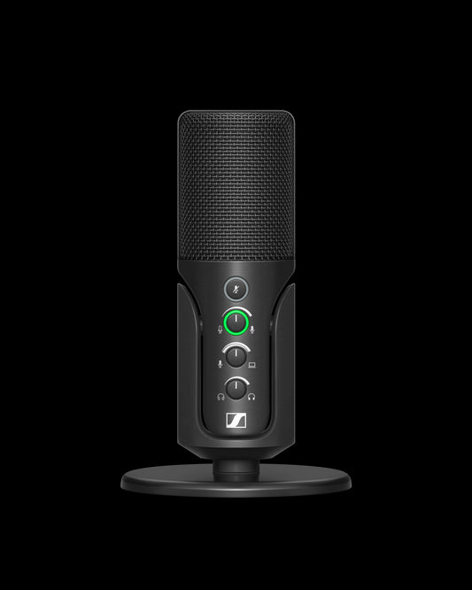 Front view of the Sennheiser Profile USB Microphone with a 1.2m USB-C cable and table stand