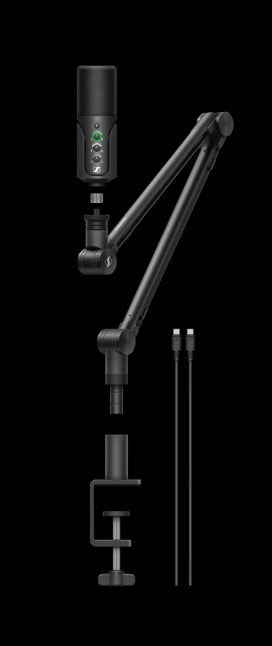 Sennheiser Profile Streaming Set including a USB microphone with a 3-meter USB-C cable, boom arm, and pouch, displayed in an exploded view.