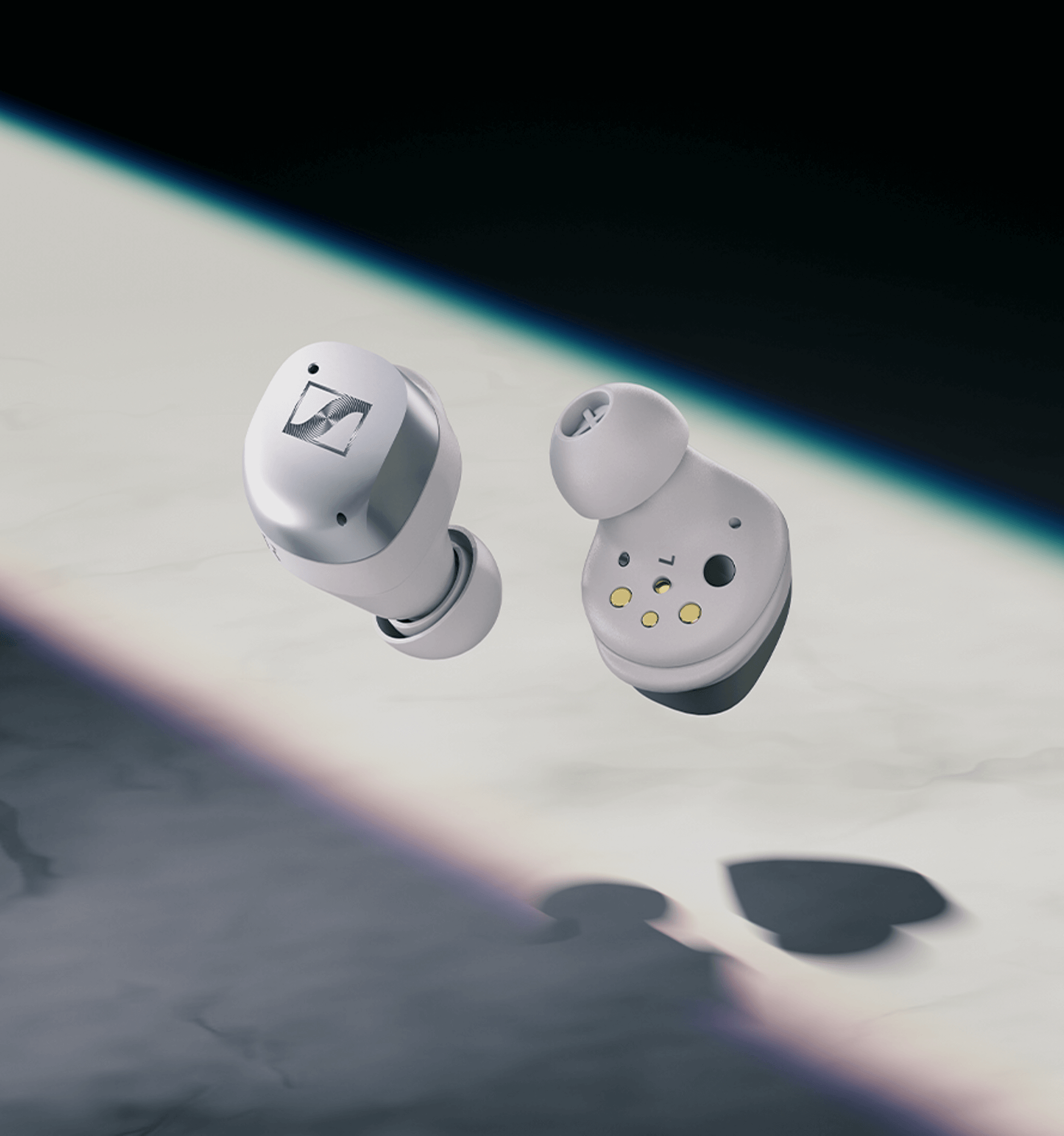 Sennheiser MOMENTUM True Wireless 4 earbuds in White Silver color, showcasing advanced ANC technology and Bluetooth 5.4 connectivity.